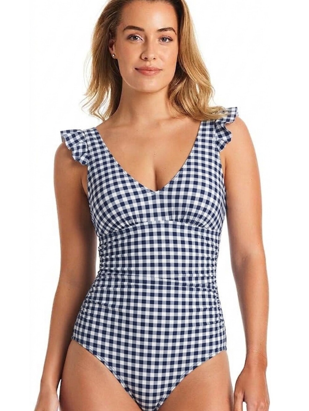 NEW Ellen Tracy Mio Flutter Sleeve One Piece Swimsuit Blue White Gingham Size 6